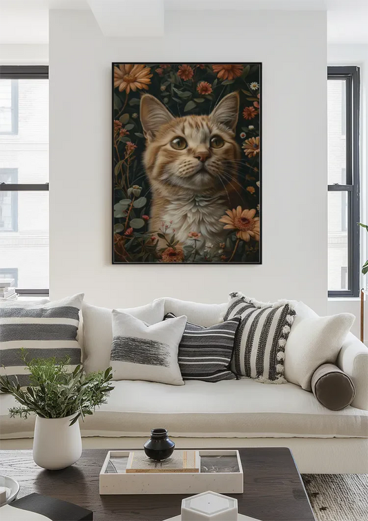 Orange Katze zwischen Blumen Leinwandbild über dem Bett im Schlafzimmer