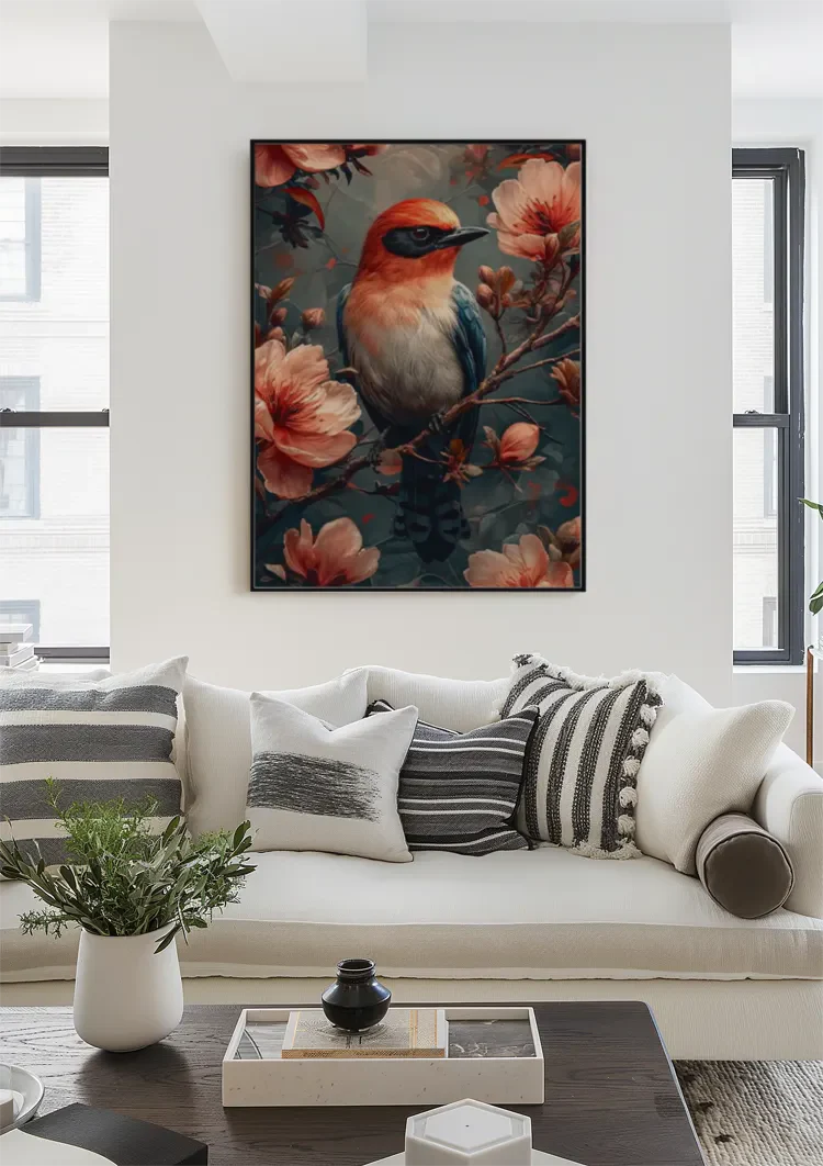 Bunter Vogel auf Ast zwischen rosa Blüten Botanisches Gemälde