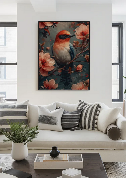 Bunter Vogel auf Ast zwischen rosa Blüten Botanisches Gemälde