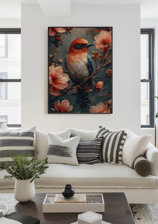 Kleurrijke Vogel Op Tak Tussen Roze Bloesem Botanisch Canvas Schilderij