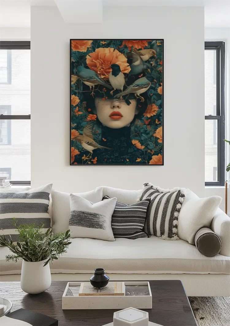 Vrouwenportret Met Oranje Bloemen En Vogels Surrealistisch Schilderij