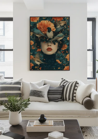 Vrouwenportret Met Oranje Bloemen En Vogels Surrealistisch Schilderij