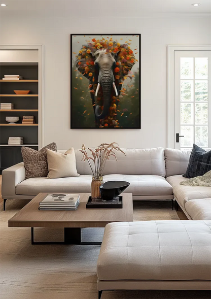 Surreale Olifant Bloemenkrans Oranje Bloemen Magisch Schilderij