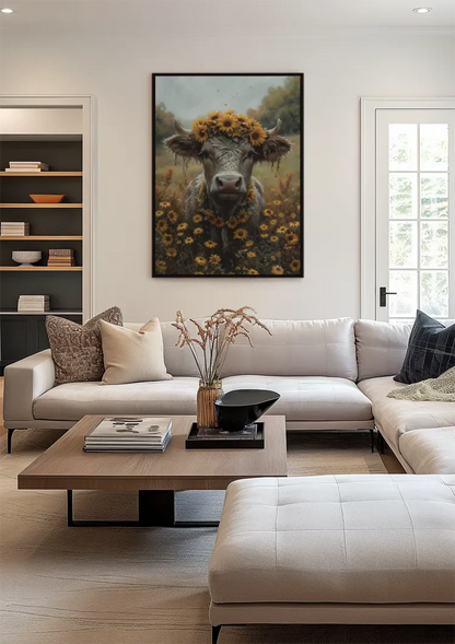 Koe Met Zonnebloemen Krans Gouden Veld Dromerig Schilderij