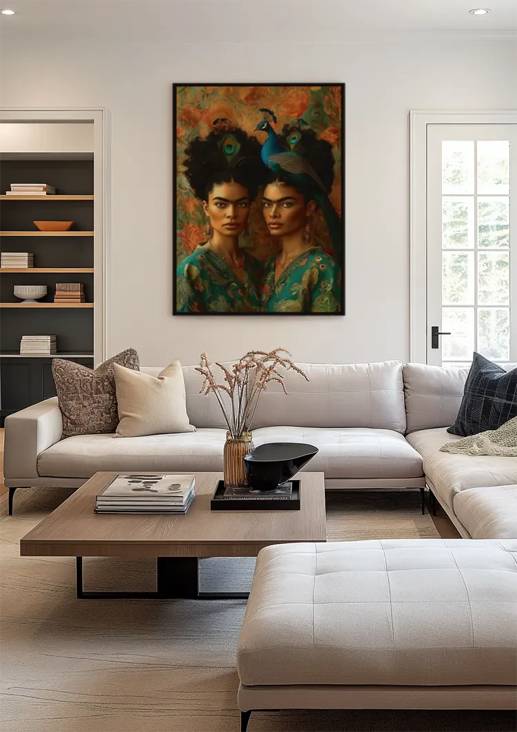 Two Elegant Women with Peacock Exotic Portrait Painting