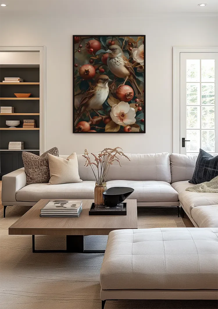 Twee Vogels Met Granaatappels Bloemen Botanisch Schilderij