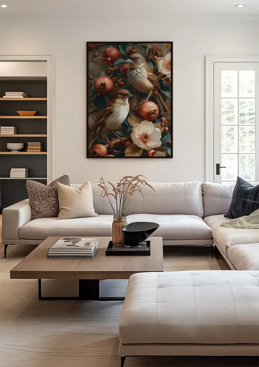 Twee vogels met granaatappels canvas schilderij aan de muur boven de kast in de hal