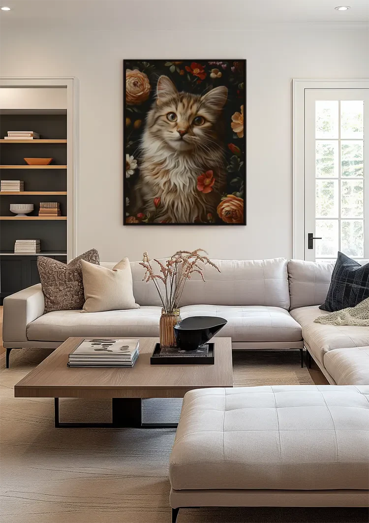 Flauschige Katze zwischen farbenfrohen Rosen Blumenreiches Porträt Gemälde