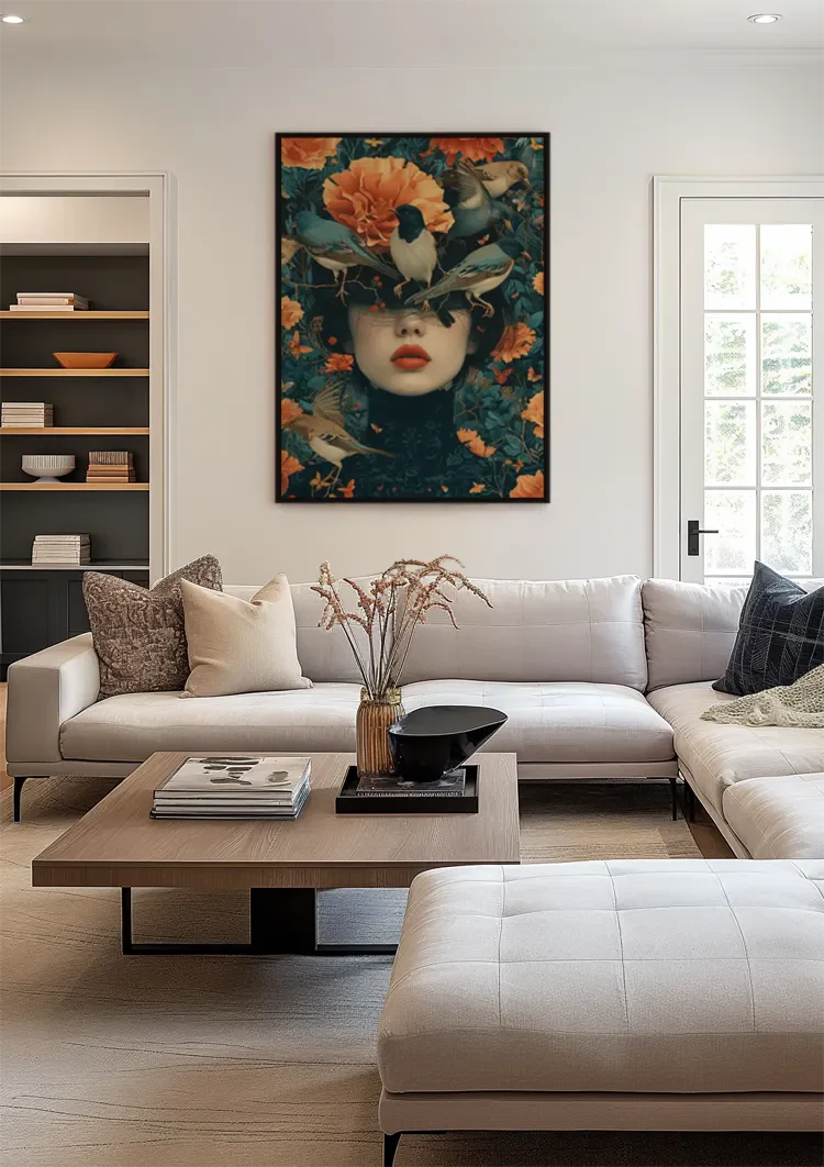 Vrouwenportret Met Oranje Bloemen En Vogels Surrealistisch Schilderij