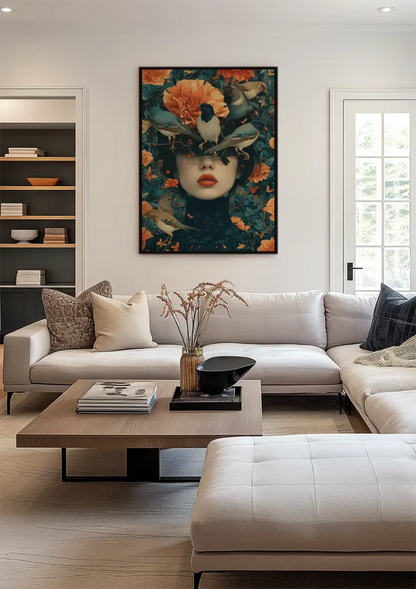 Vrouwenportret Met Oranje Bloemen En Vogels Surrealistisch Schilderij