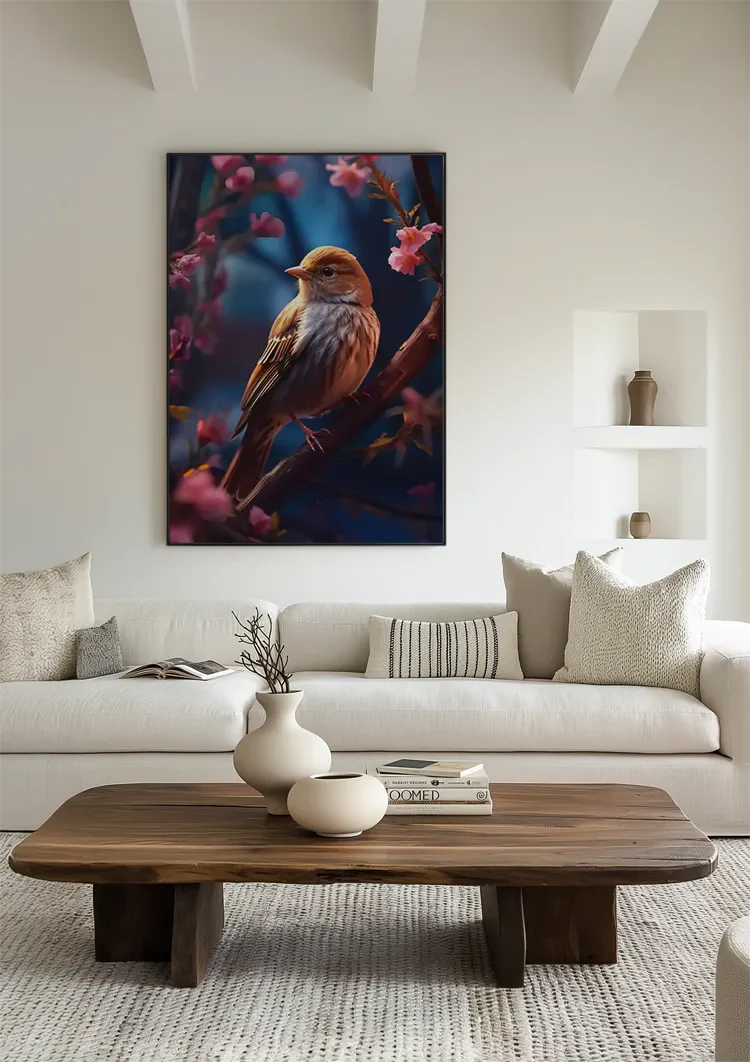 Klein Vogeltje Roze Bloesem Tak Blauw Schilderij