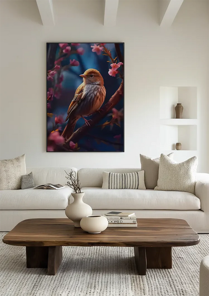 Klein Vogeltje Roze Bloesem Tak Blauw Schilderij