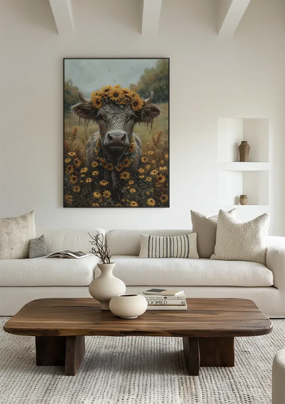 Koe Met Zonnebloemen Krans Gouden Veld Dromerig Schilderij
