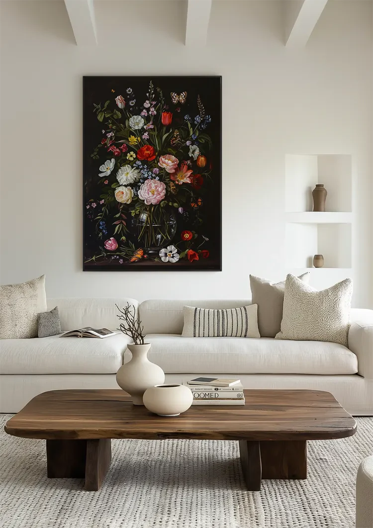 Üppiges Blumenstillleben Glasvase Dunkler Hintergrund Gemälde