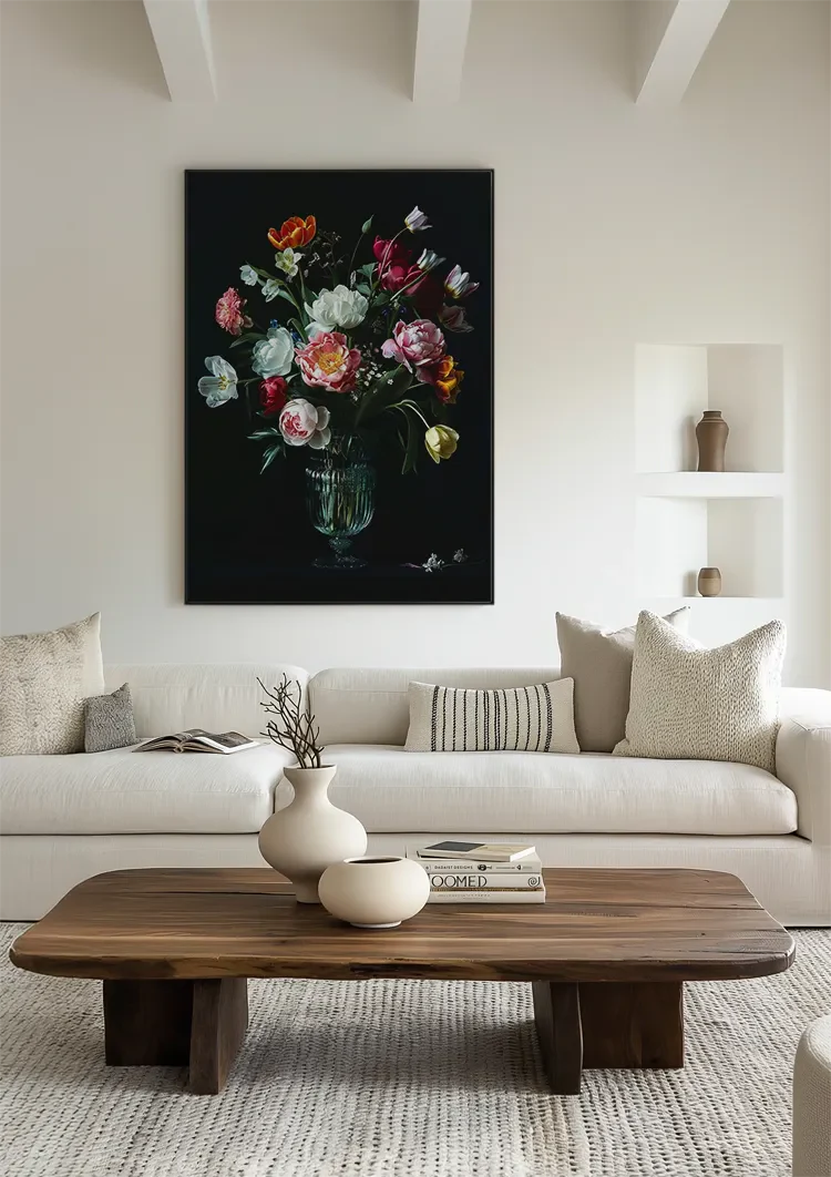 Lush Flower Bouquet White Pink Red Glass Vase Dark Painting