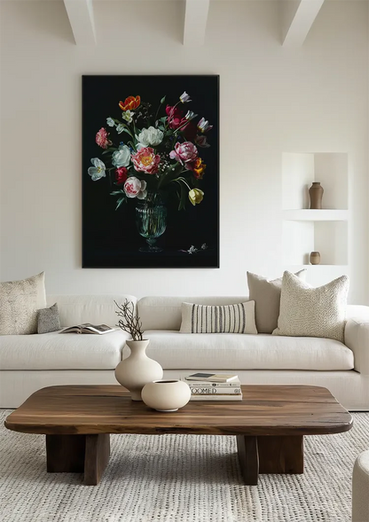 Lush Flower Bouquet White Pink Red Glass Vase Dark Painting