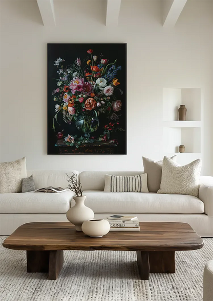 Bunte Blumenexplosion Pfingstrosen Tulpen Glasvase Dunkles Gemälde
