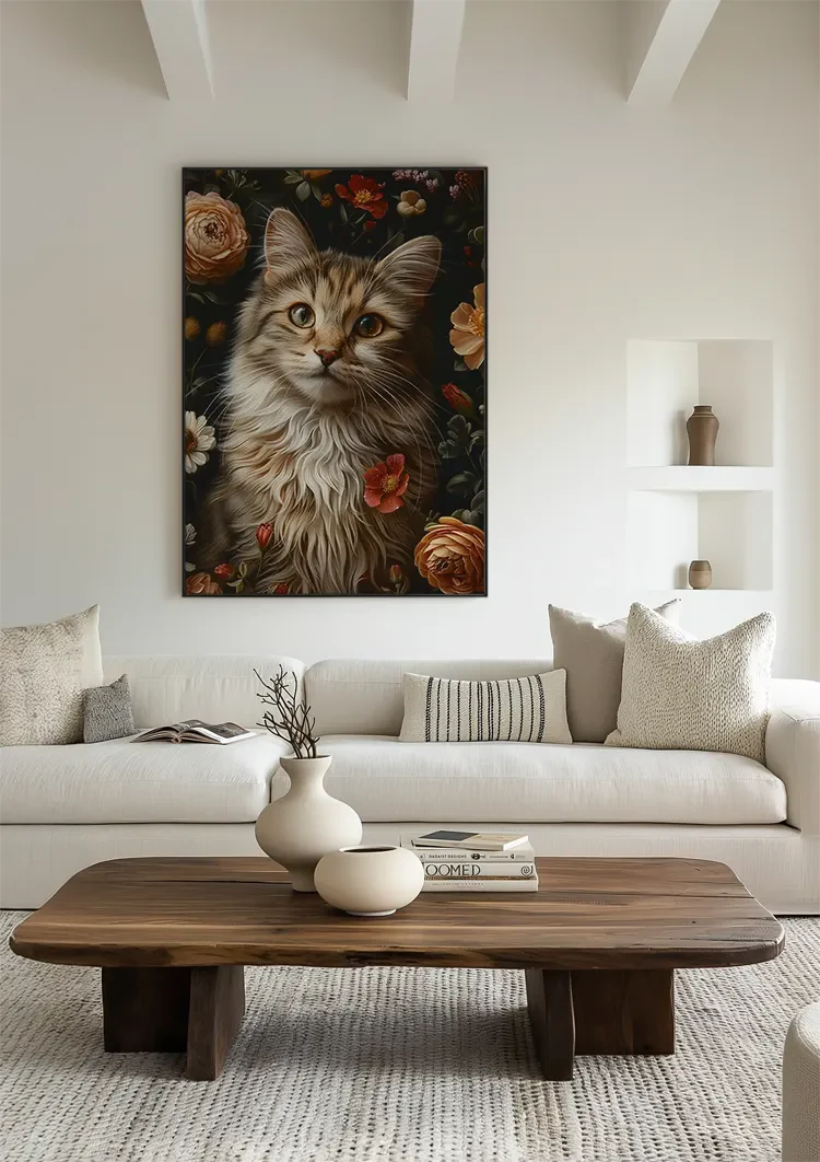 Flauschige Katze zwischen farbenfrohen Rosen Blumenreiches Porträt Gemälde