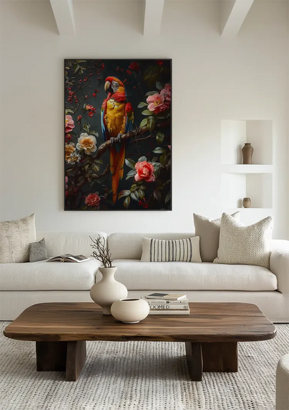 Buntes Papagei Tropische Blumen Dunkler Hintergrund Gemälde