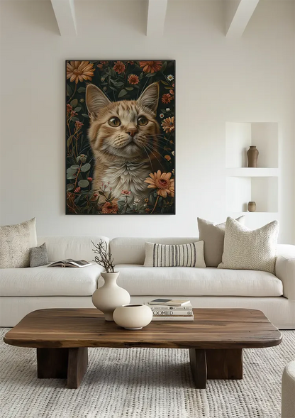 Oranje Kat Met Groene Ogen Tussen Bloemen Donker Portret Schilderij