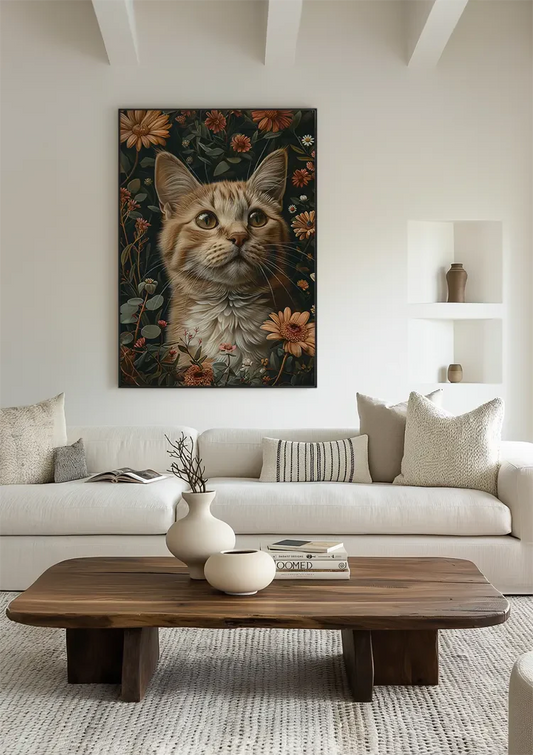 Orange Katze zwischen Blumen Leinwandbild an der Wand im Flur