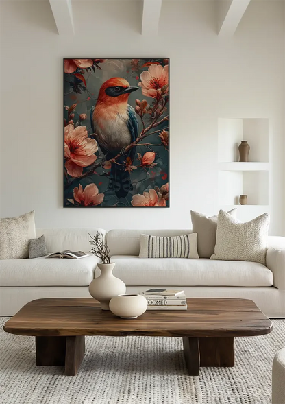 Bunter Vogel auf Ast zwischen rosa Blüten Botanisches Gemälde