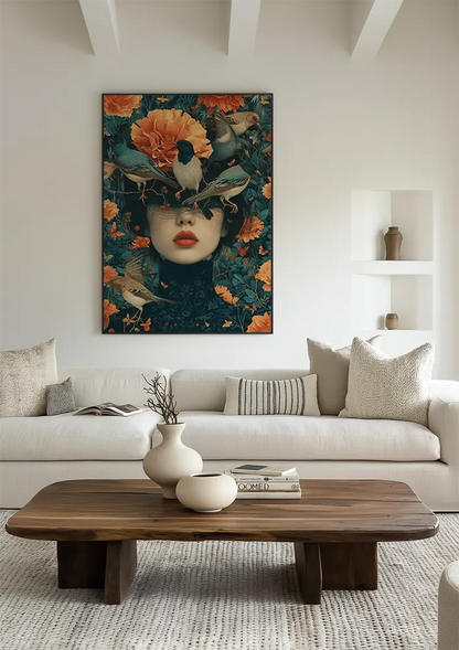 Vrouwenportret Met Oranje Bloemen En Vogels Surrealistisch Schilderij