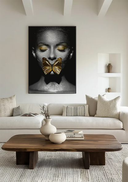 Golden Butterfly Frau Porträt Schwarz-Weiß-Gemälde