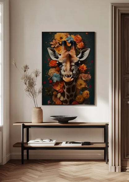 Giraf Hoofd Kleurrijke Bloemen Donkerblauw Schilderij