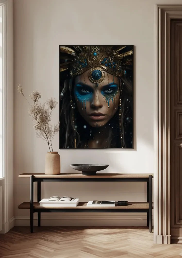 Warrior Blue Gold Headdress Dramatic Portrait Painting