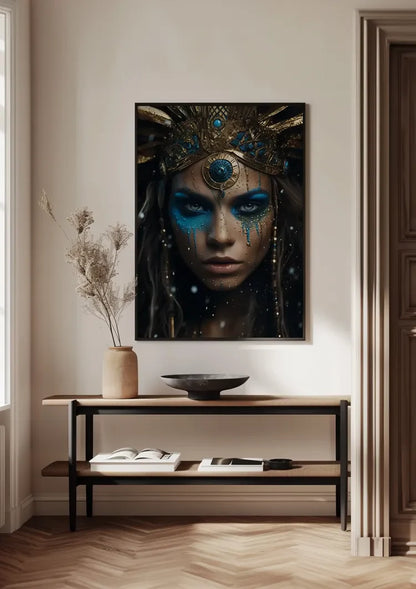Warrior Blue Gold Headdress Dramatic Portrait Painting