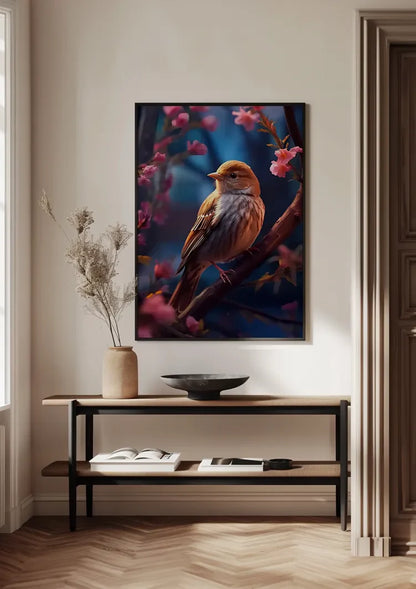 Klein Vogeltje Roze Bloesem Tak Blauw Schilderij