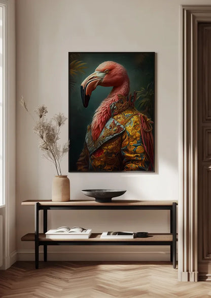 Majestätische Flamingo Goldbestickte Jacke Dunkelgrünes Porträtgemälde