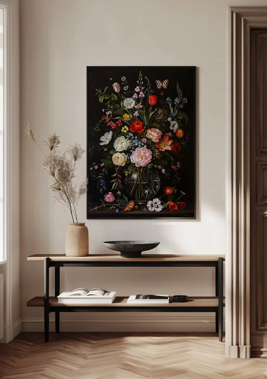 Weelderig Bloemstilleven Glazen Vaas Donkere Achtergrond Canvas Schilderij