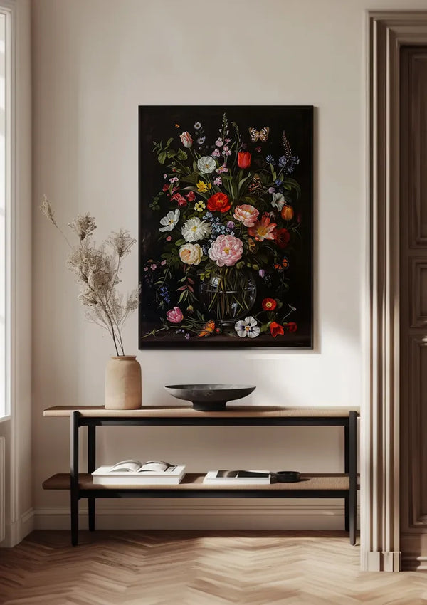 Üppiges Blumenstillleben Glasvase Dunkler Hintergrund Gemälde
