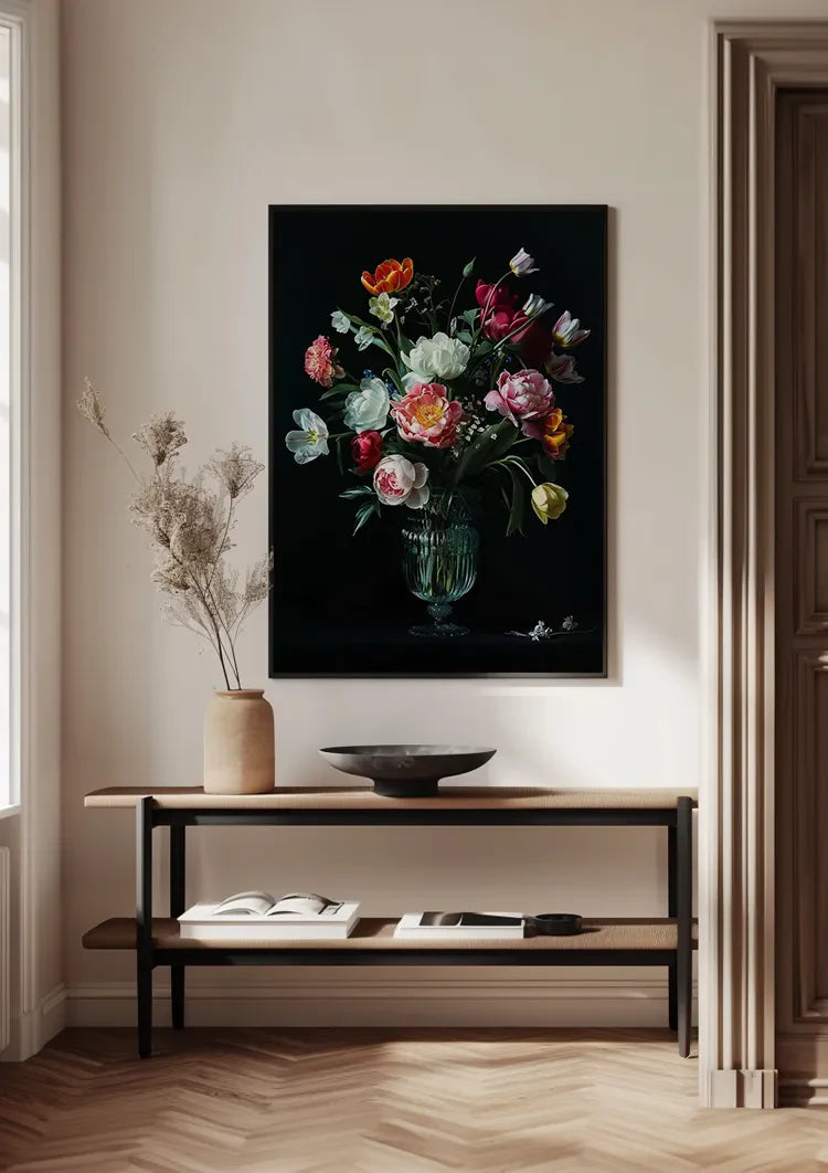 Lush Flower Bouquet White Pink Red Glass Vase Dark Painting