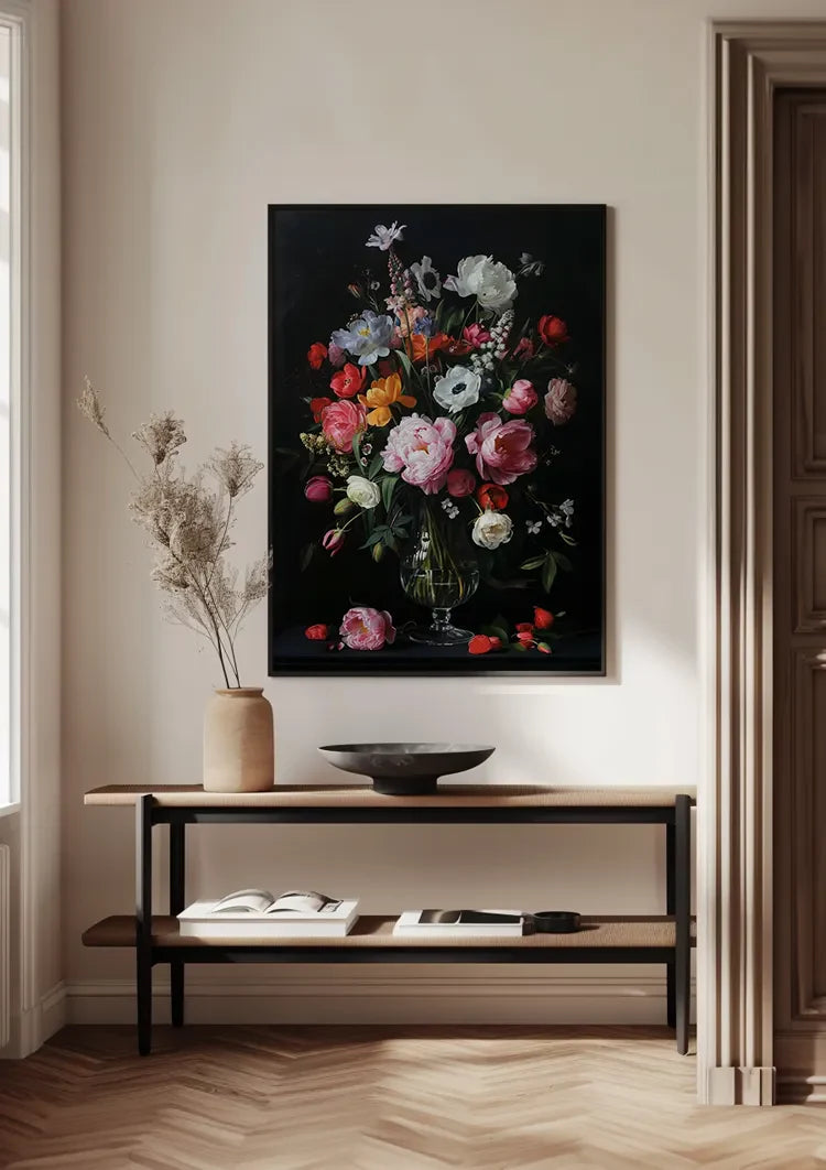 Rosen Pfingstrosen und Anemonen Glasvase Dunkler Hintergrund Gemälde