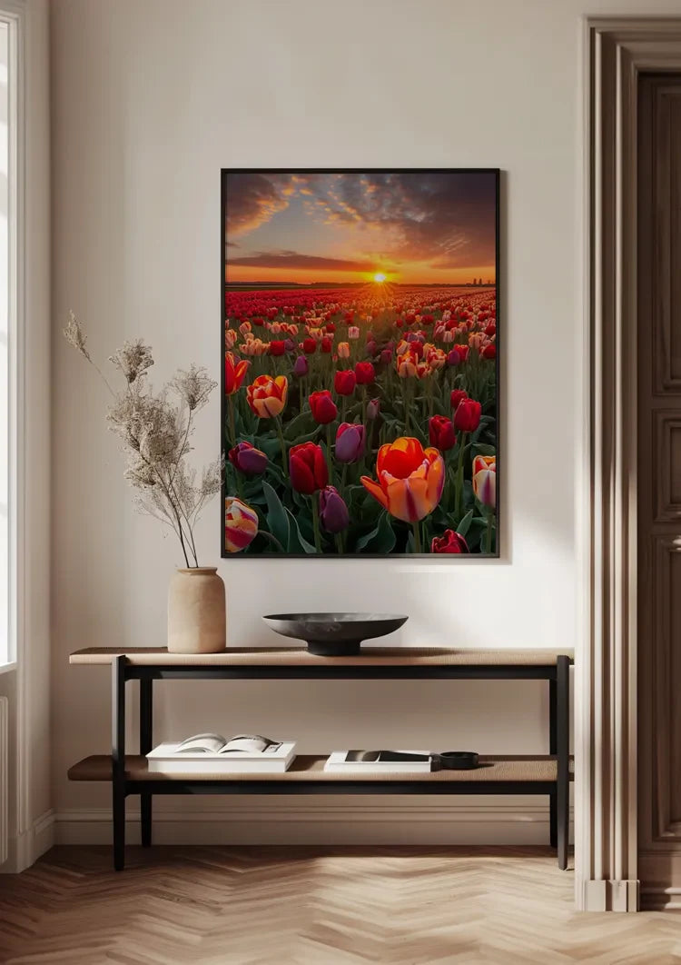 Farbenfrohes Tulpenfeld bei Sonnenuntergang Rote Orange Violette Blumen Gemälde