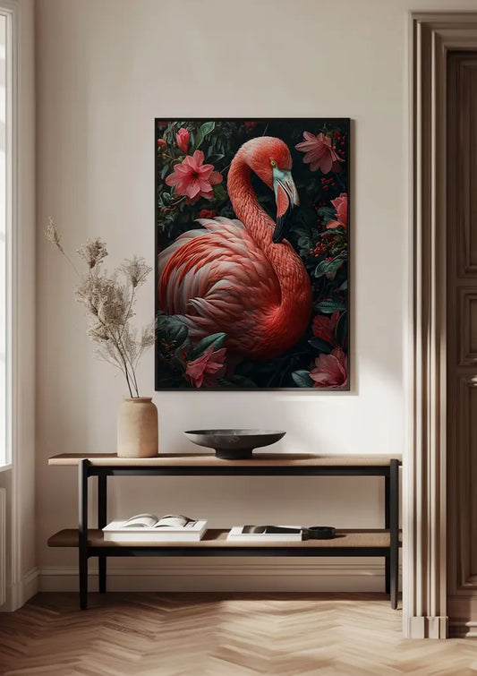 Roze flamingo canvas schilderij aan de muur in de hal