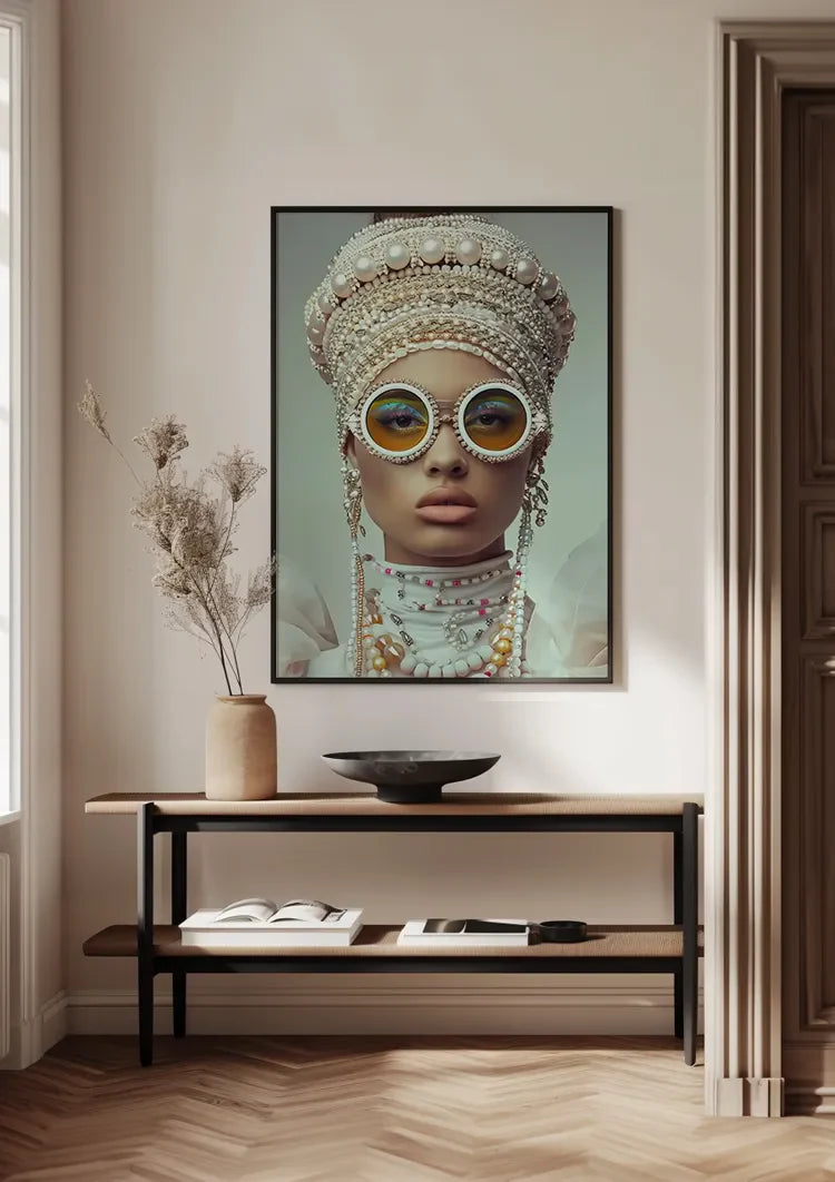 Glamorous Woman With Pearls Sunglasses Extravagant Portrait Painting