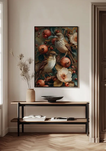 Twee Vogels Met Granaatappels Bloemen Botanisch Schilderij