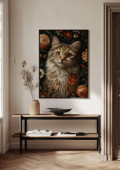 Flauschige Katze zwischen farbenfrohen Rosen Blumenreiches Porträt Gemälde