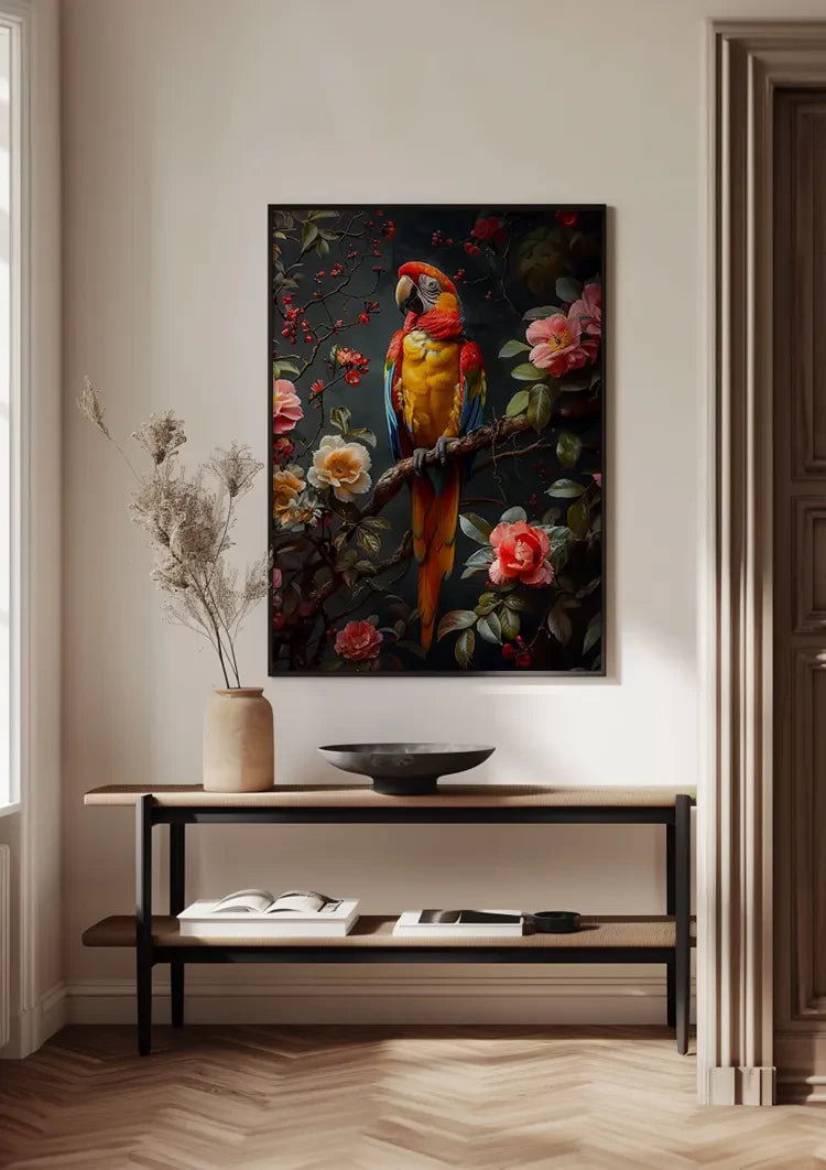 Buntes Papagei Tropische Blumen Dunkler Hintergrund Gemälde