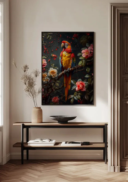 Buntes Papagei Tropische Blumen Dunkler Hintergrund Gemälde