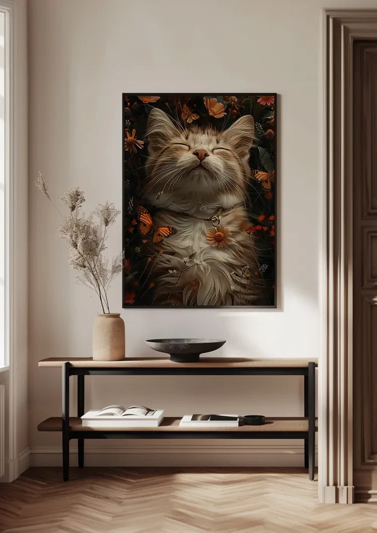 Sleeping Fluffy Cat Surrounded By Flowers Butterflies Painting