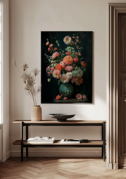 Klassisches Blumenstillleben Rosa Rosen Dunkler Hintergrund Gemälde