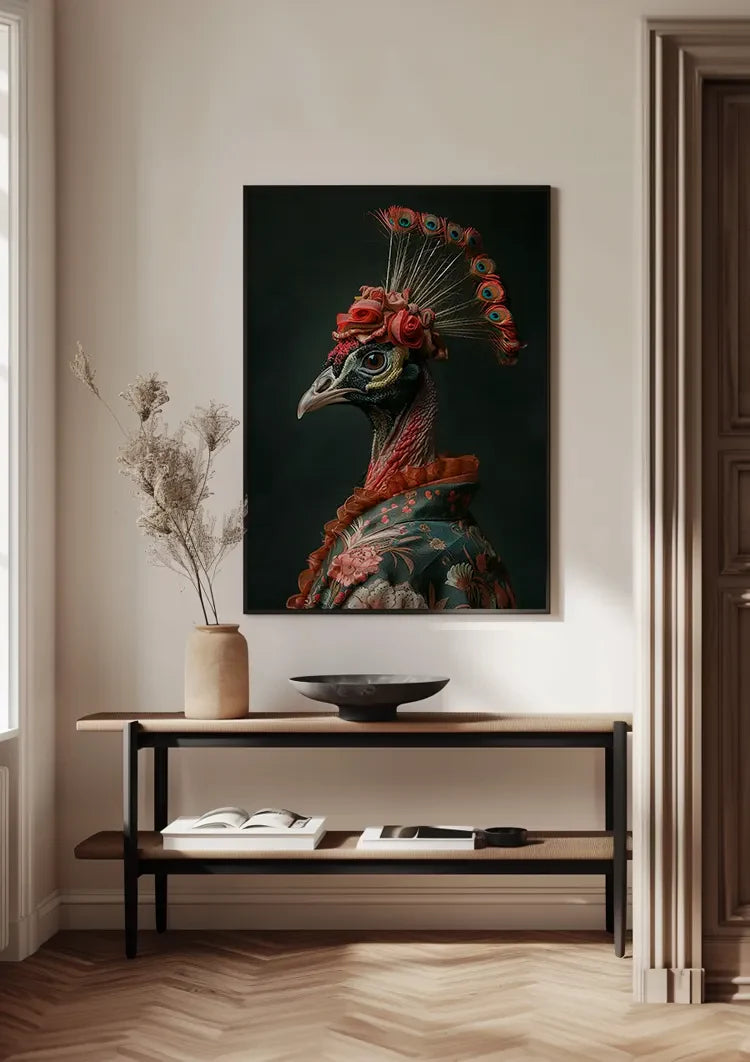 Graceful Bird with Red Flowers Headdress Dark Portrait Painting