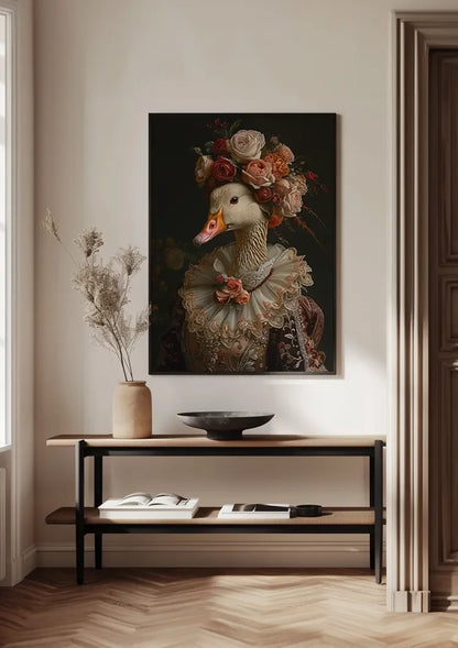 Elegante Gans In Barok Kostuum Bloemen Krans Kanten Kraag Portret Schilderij