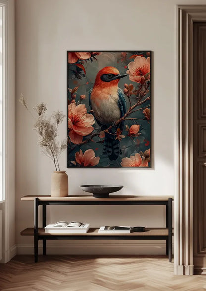 Bunter Vogel auf Ast zwischen rosa Blüten Botanisches Gemälde