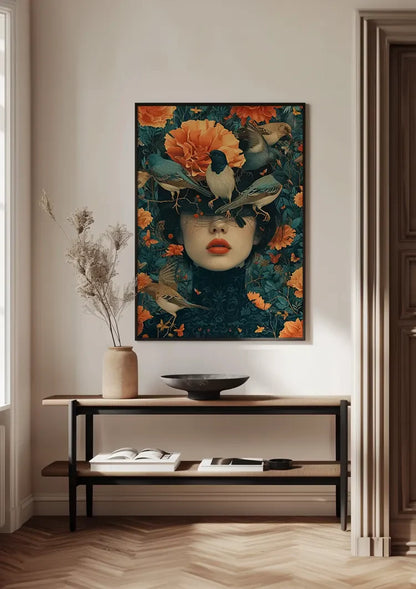 Vrouwenportret Met Oranje Bloemen En Vogels Surrealistisch Schilderij